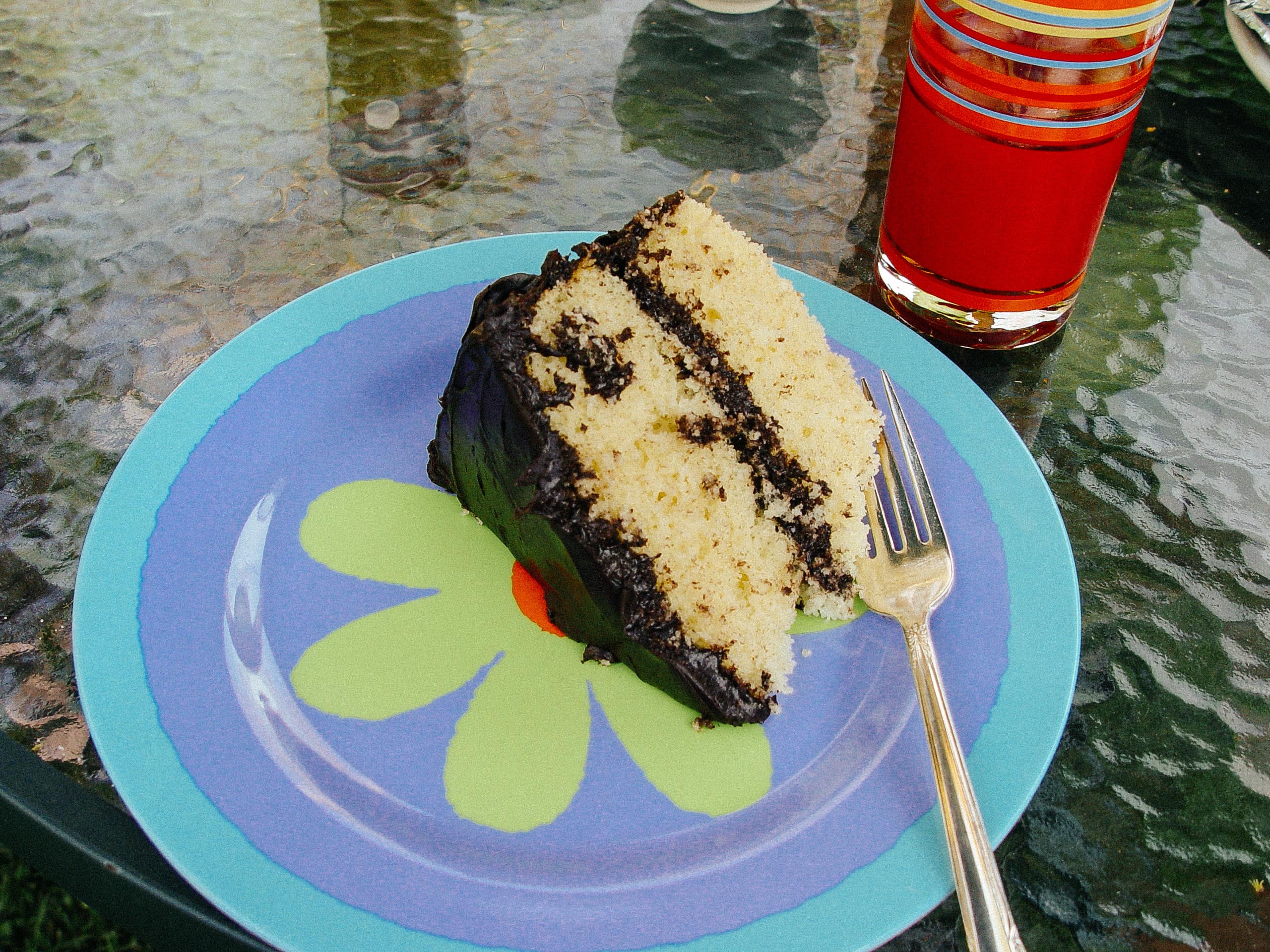 Yellow cake with chocolate icing