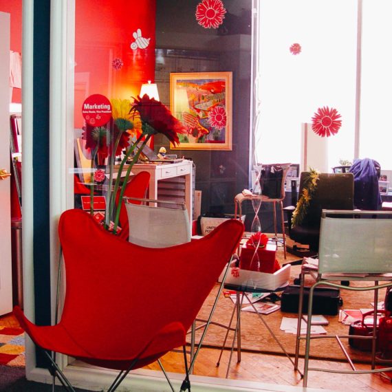 An office decorated with lots of red things