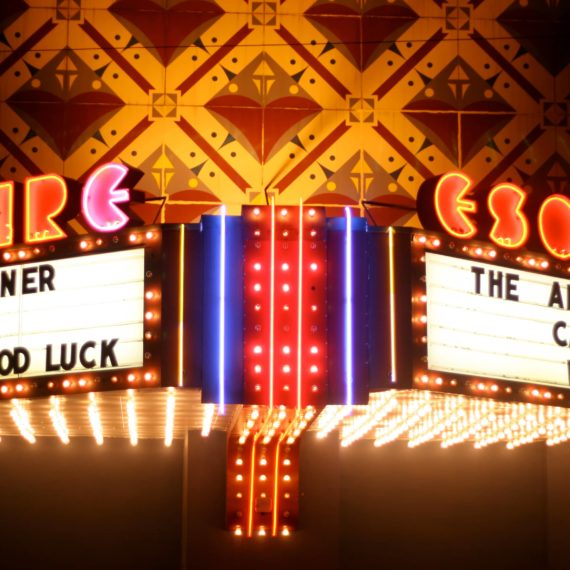 Movie marquee for the Esquire Theatre with neon and incandescent bulbs