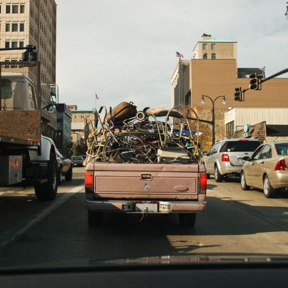 Ford Ranger pick-up truck filled with scrap metal at a stoplight in Hamilton, Ohio