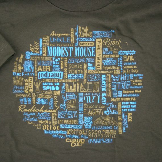 T-shirt with a bunch of band names hand drawn