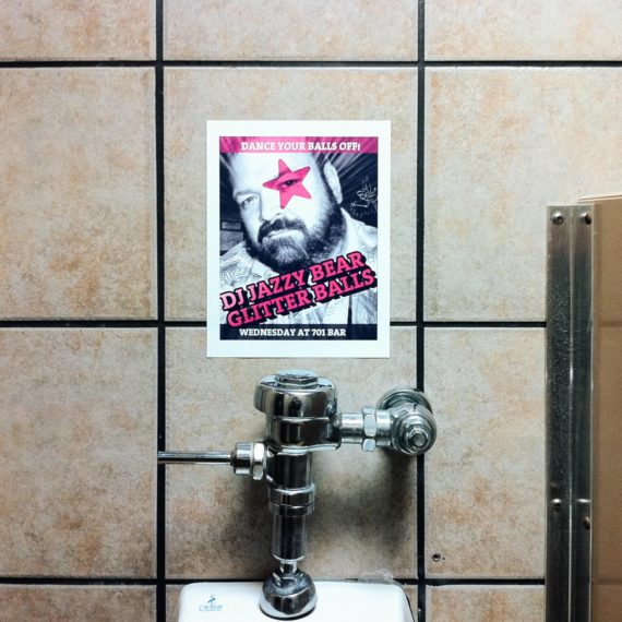 Flyer for DJ Jazzy Bear Glitter Balls over a urinal