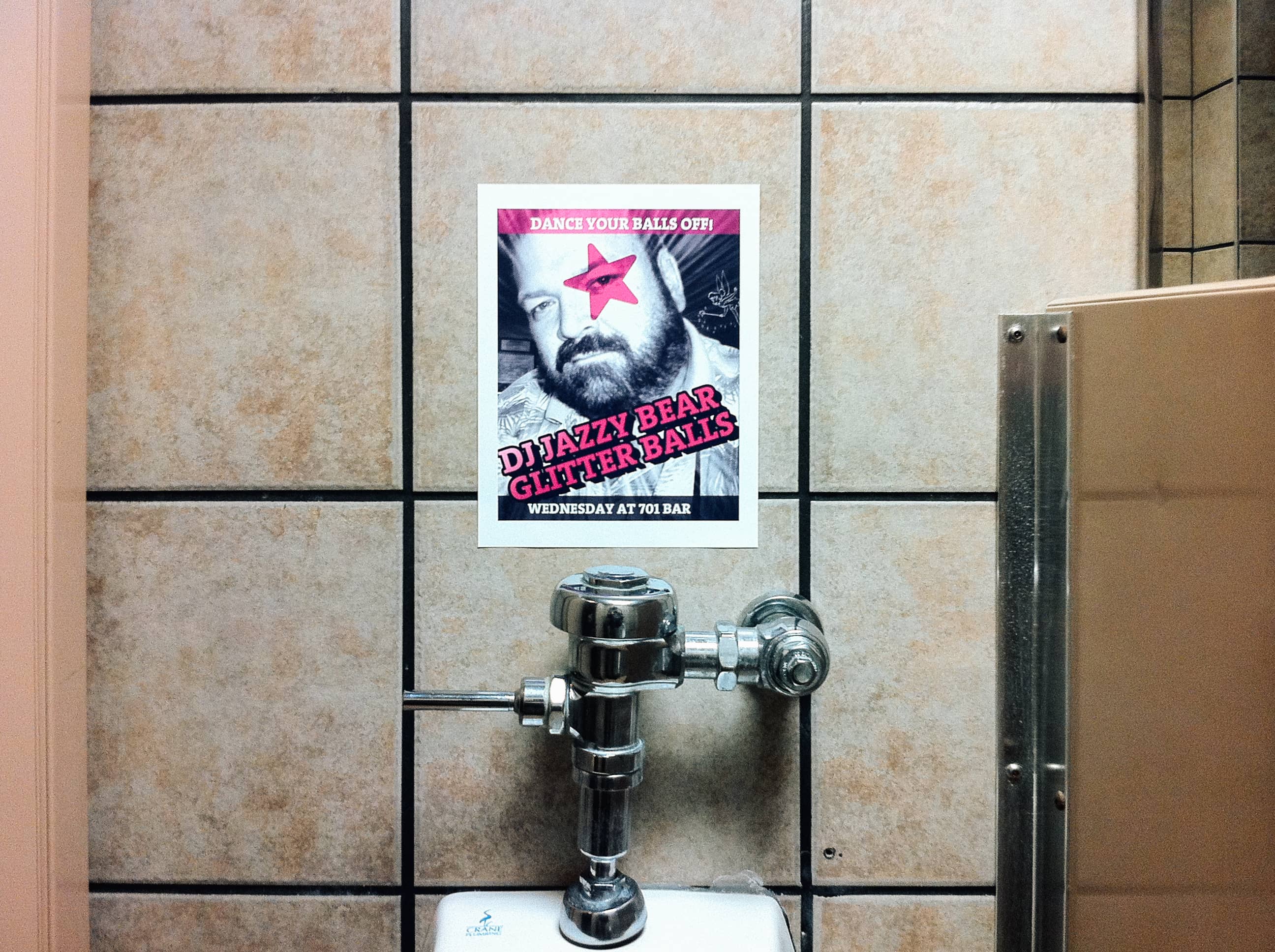 Flyer for DJ Jazzy Bear Glitter Balls over a urinal