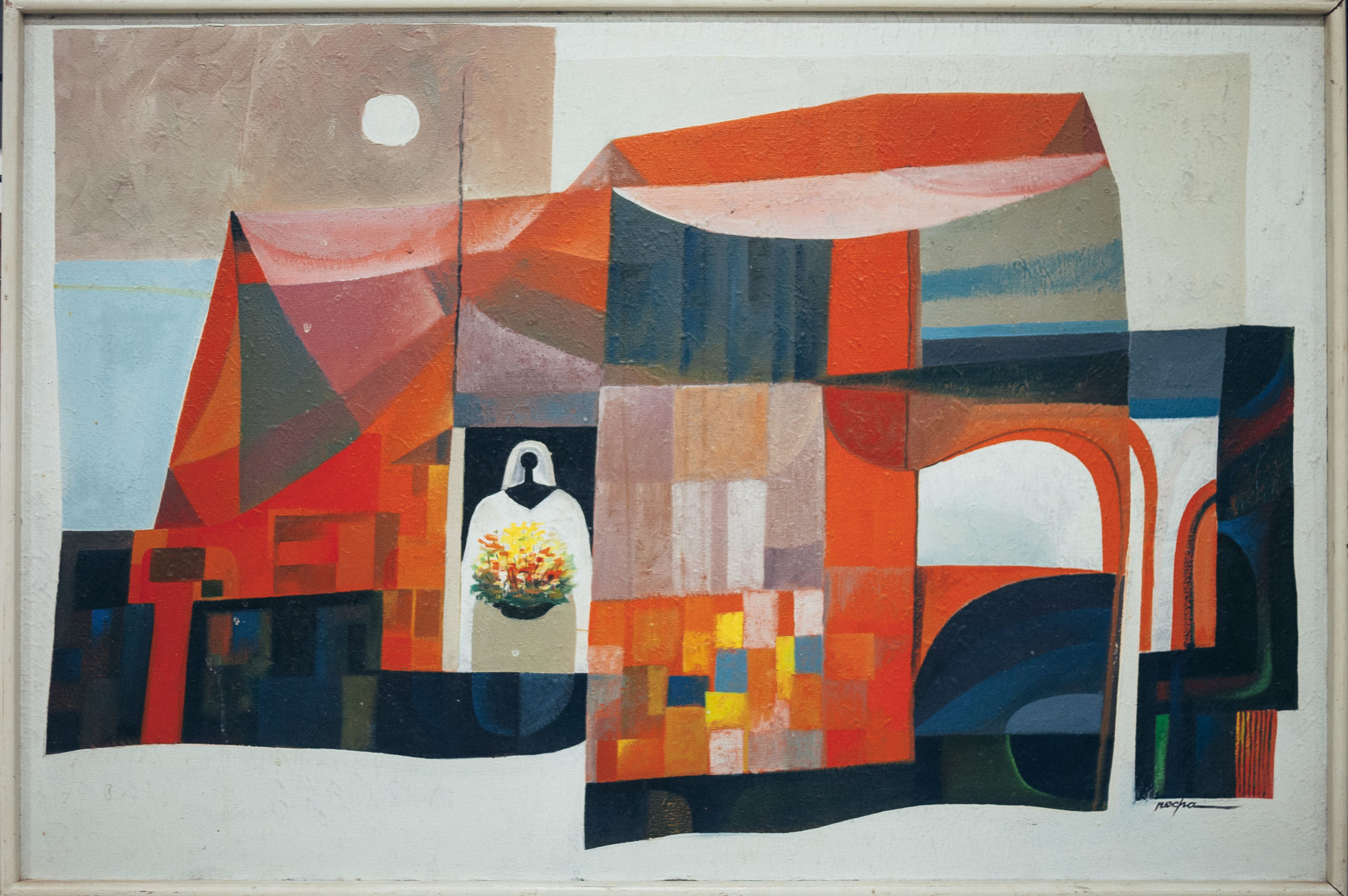 A midcentury modern painting with warm colors and patterns