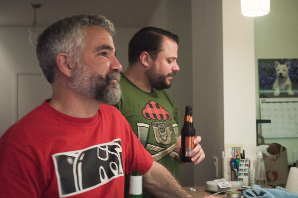 Two bearded men with t-shirts on