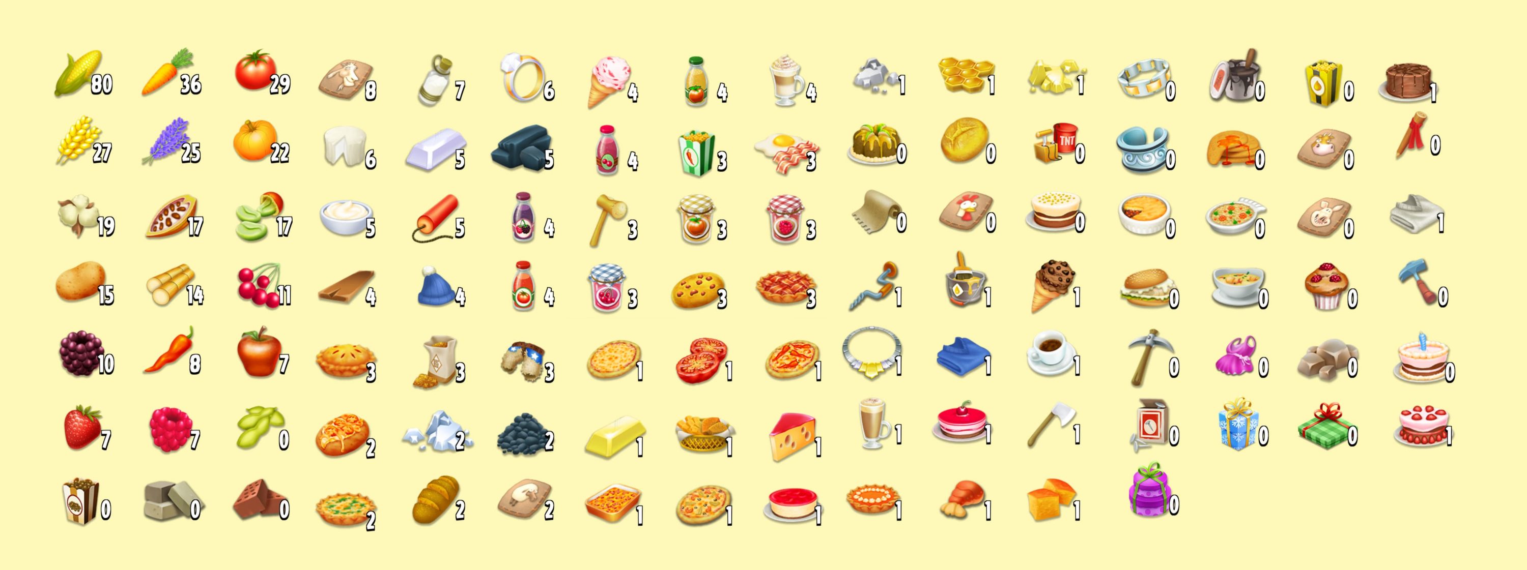 Hay Day goods including fruits, vegetables, food items, animal feed and construction materials