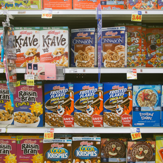 the cereal aisle in a grocery store