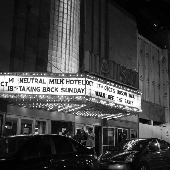 Neutral Milk Hotel on the marquee of the Madison Theater in Covington, Kentucky