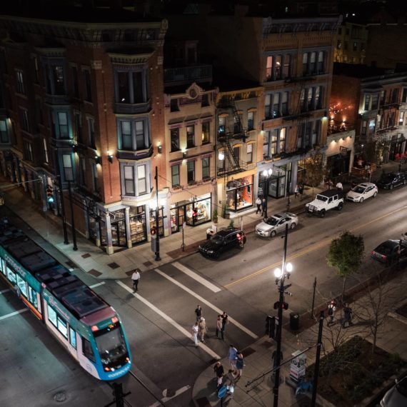 Corner of 12th and Vine at night in Cincinnati.