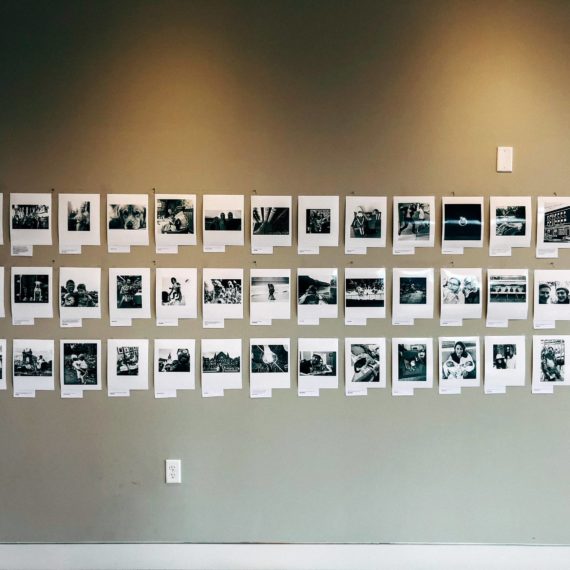 Black and white photos on a wall