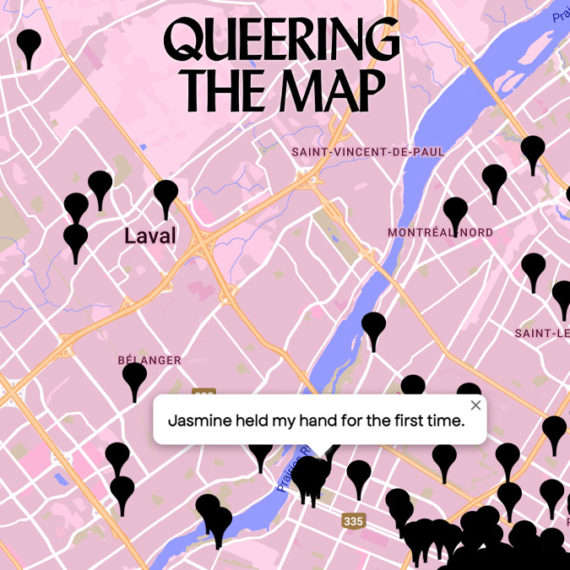 A pink map with the title QUEERING THE MAP with a location with a note that reads "Jasmine held my hand for the first time"