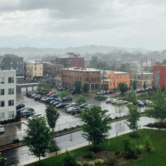 Rain on an apartment complex and buildings