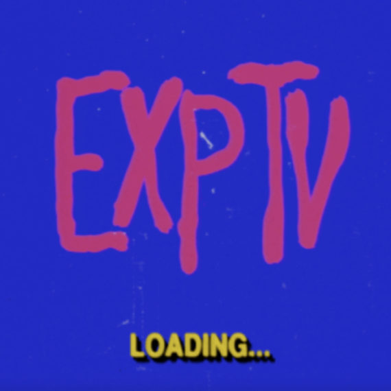 Pink type that reads exptv on a blue background