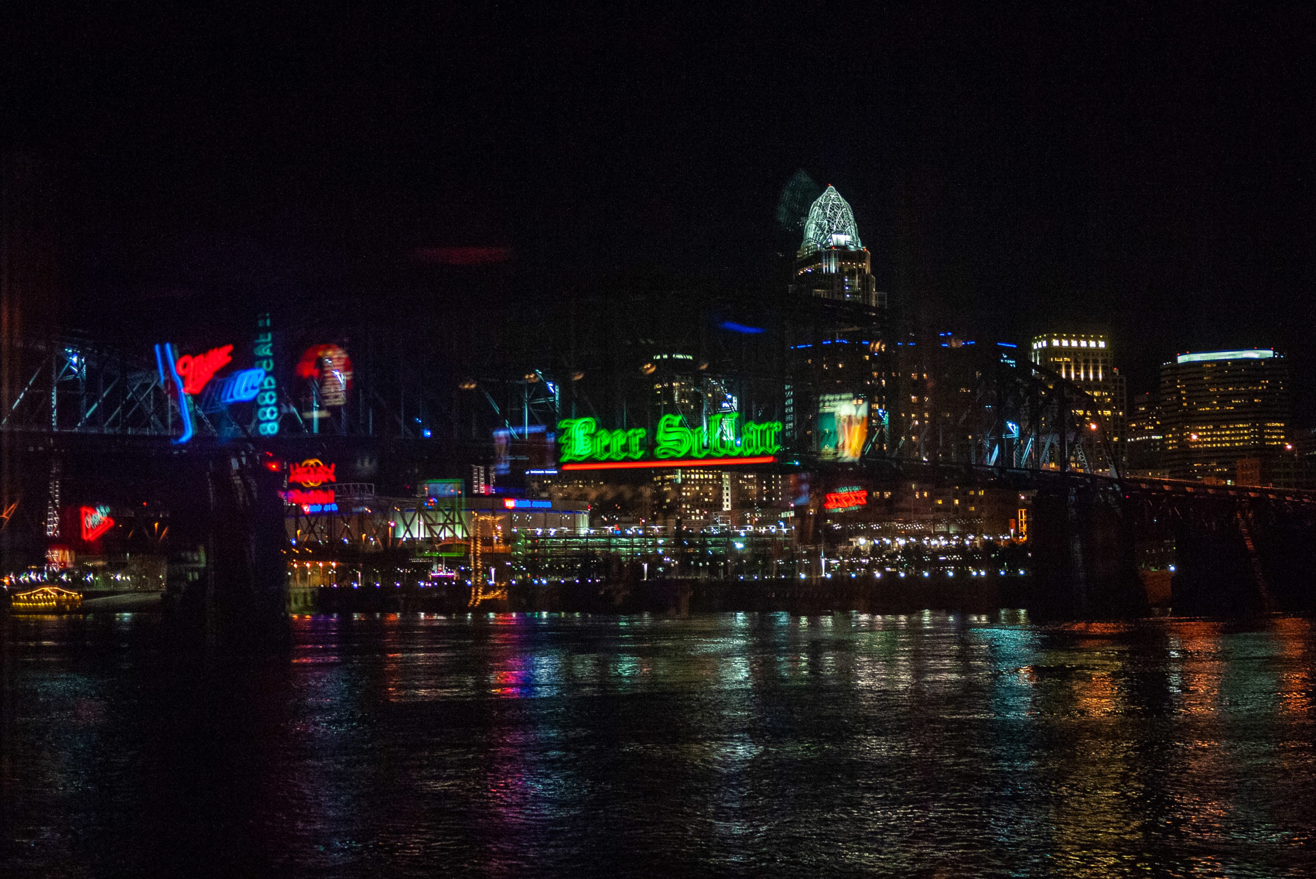 Cincinnati at night as viewed from the Beer Sellar in Newport, Kentucky