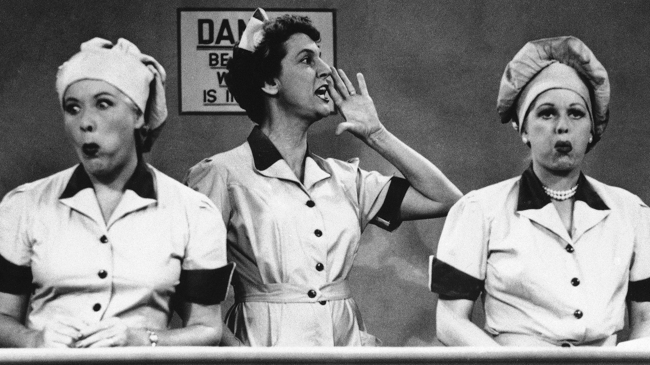 Black and white television image from I Love Lucy in the chocolate factory episode