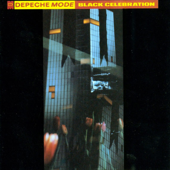 An album cover that is half a field of black with a thin photographic center that is blurry and abstract. Type across the top is in red and yellow and reads Depeche Mode, Black Celebration