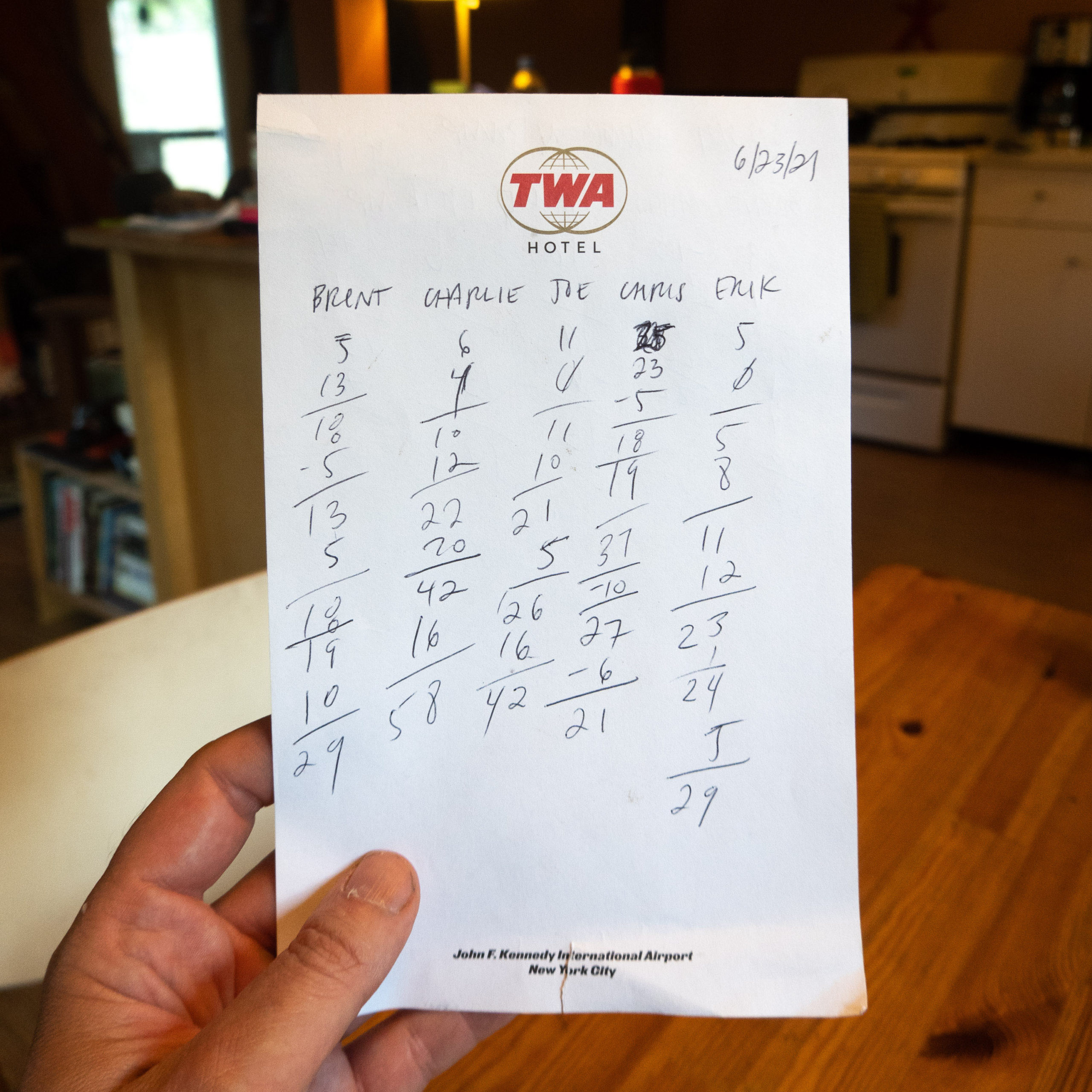 A pad of paper from the TWA Hotel in New York filled with scores for a card game