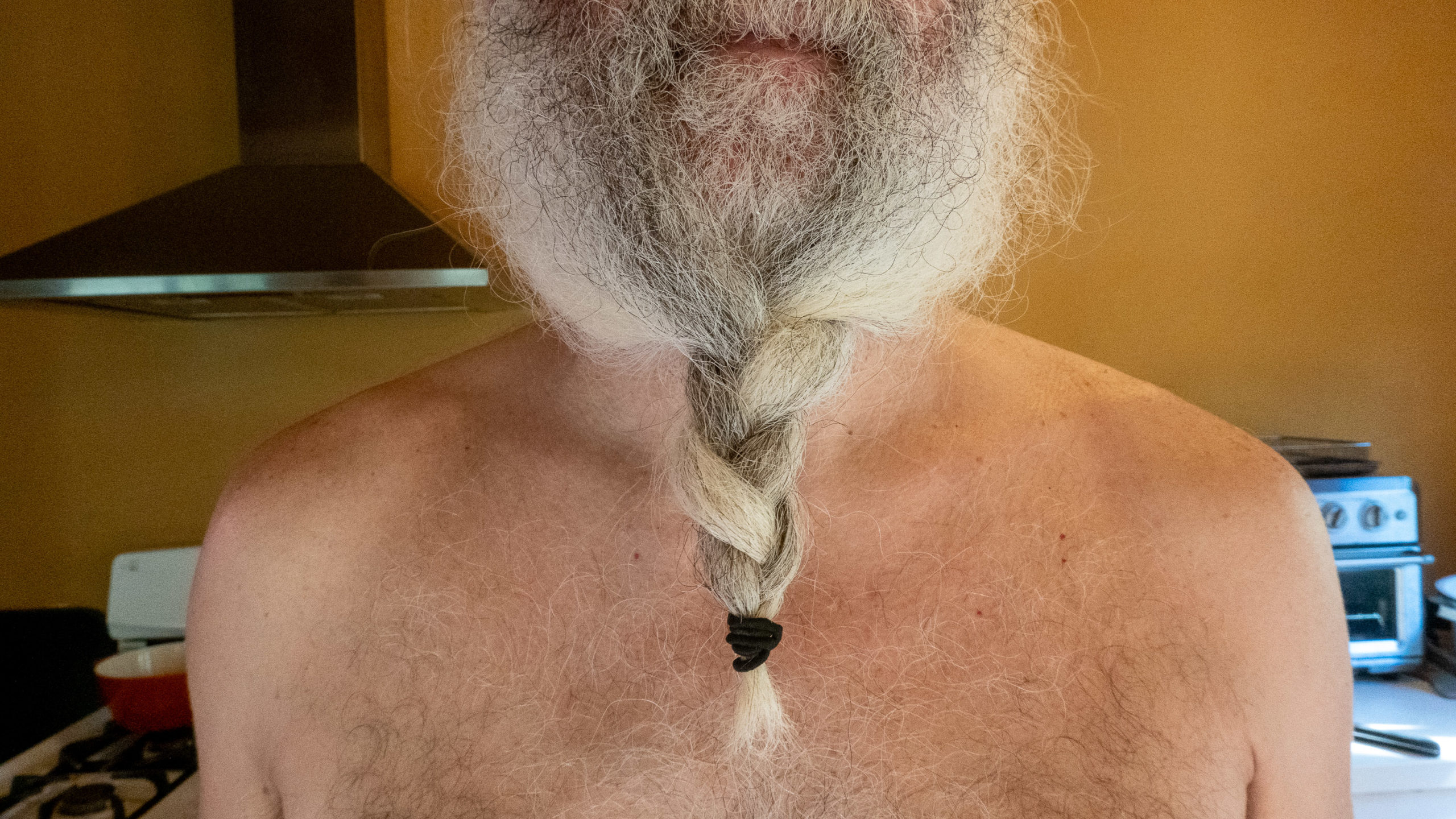 A man with a long beard that has been braided