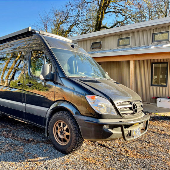 A Sprinter van converted for camping