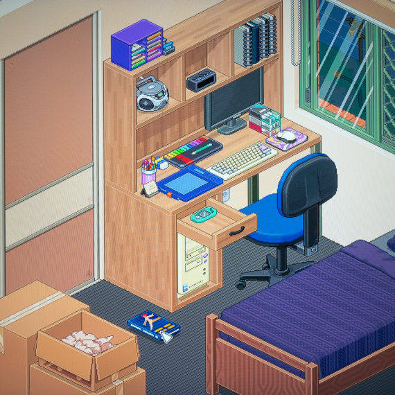 An isometric video game of a room with boxes