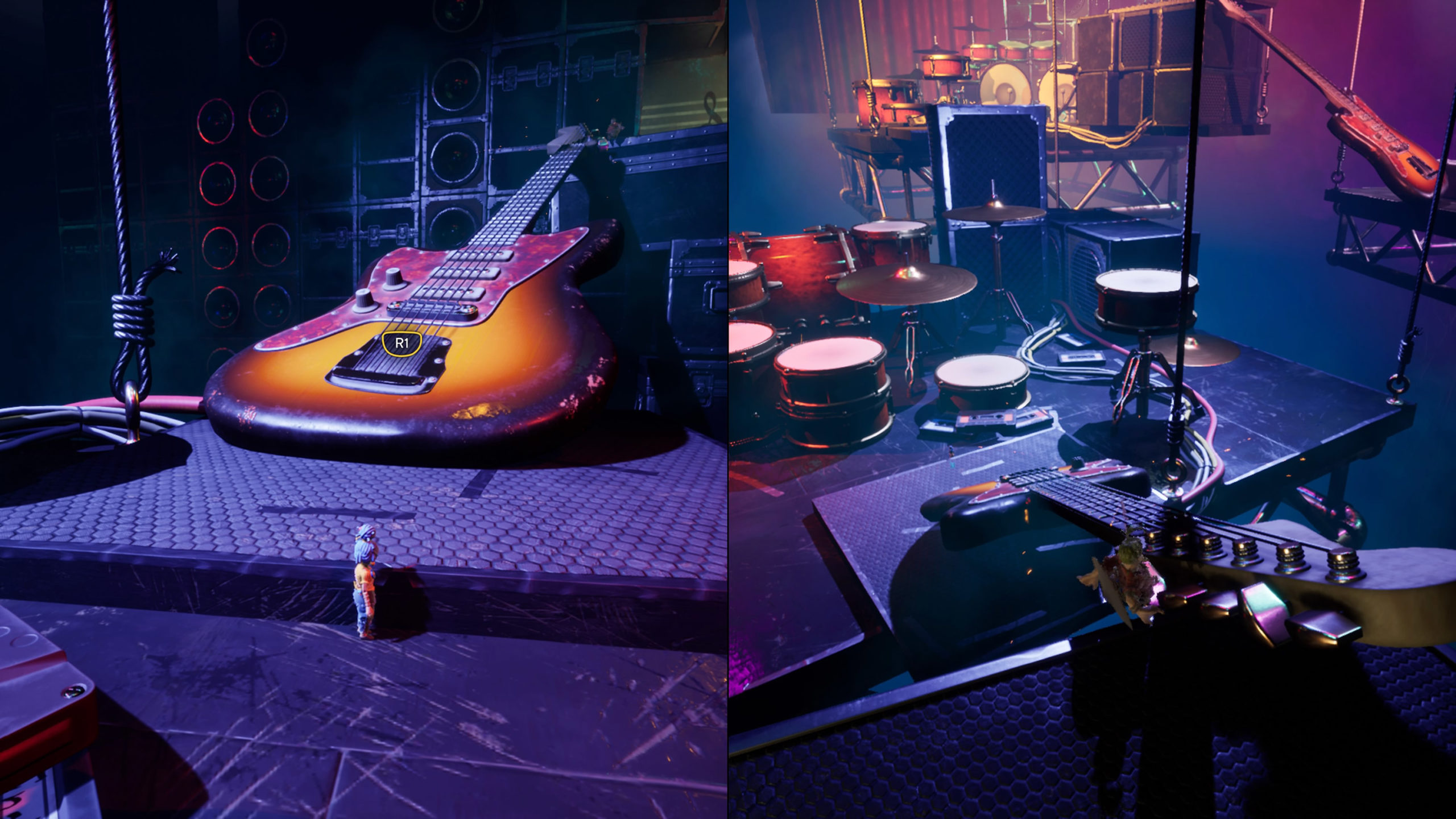 Capture from a split screen co-op video game set in a world of oversized rock instruments