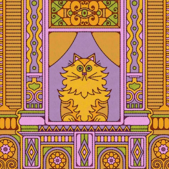 An illustration of a cat with vibrant yellow and pinks