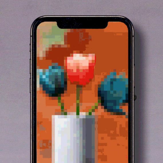 Pixelated flowers in a vase on a mobile phone screen