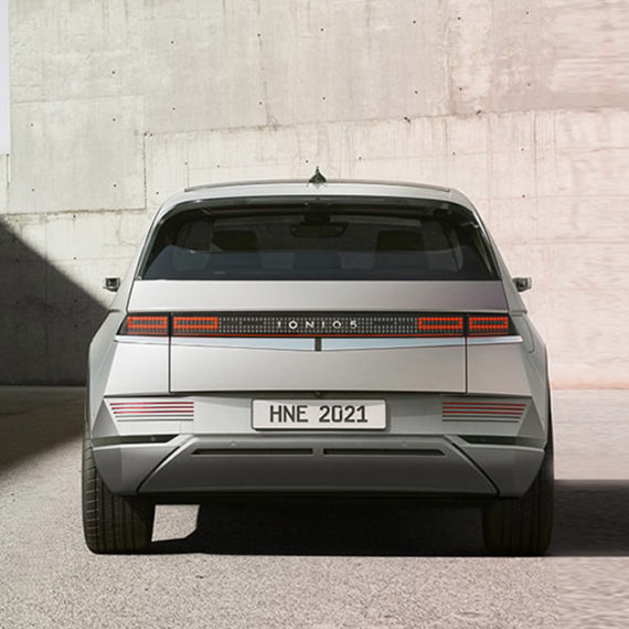 The rear view of an electric vehicle with LED brake lights