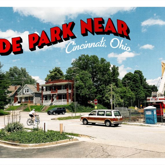 A fake postcard that reads "Hyde Park Near, Cincinnati, Ohio" with a white minivan at a stop signs as bicyclists ride by.