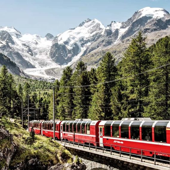 A red train with large panoramic windows heads off through fir trees with the Alps in the background