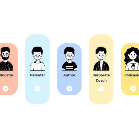 Illustrations of users with different use cases for AI generated audio including an educator, marketer, author, corporate coach and broadcaster