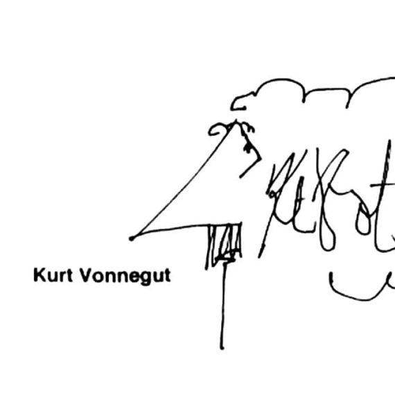 A loose drawing of a man's face with the words Kurt Vonnegut