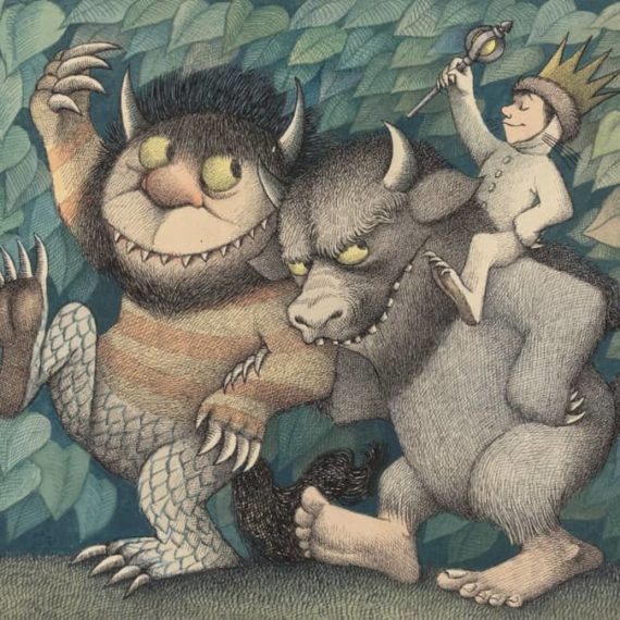 Illustrated cover from the book Where the Wild Things Are featuring two monsters and a child with a crown and scepter on the back of one of the monsters