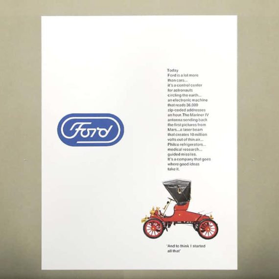 Spread from a logo presentation for a new Ford logo. A model T in red is part of the composition