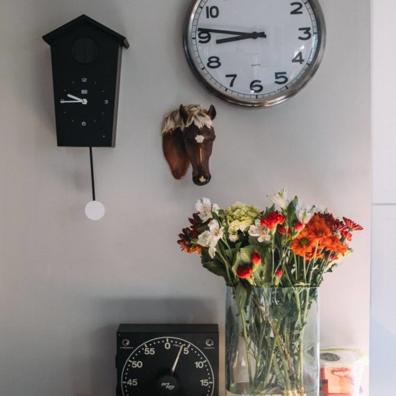 Flowers, a modern cuckoo clock, a ceramic horse head and a darkroom timer