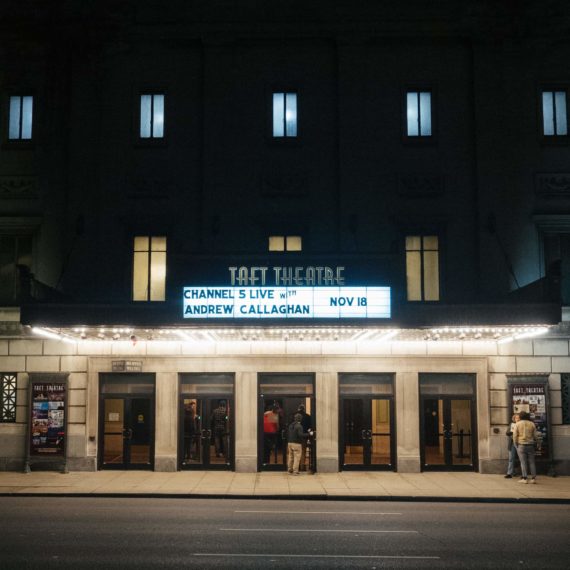 Marquee that reads Andrew Calahand Channel 5 on the Taft Theatre