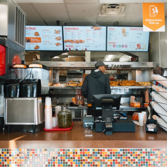 Counter and menu at Popeye’s Louisiana Chicken fast food restaurant