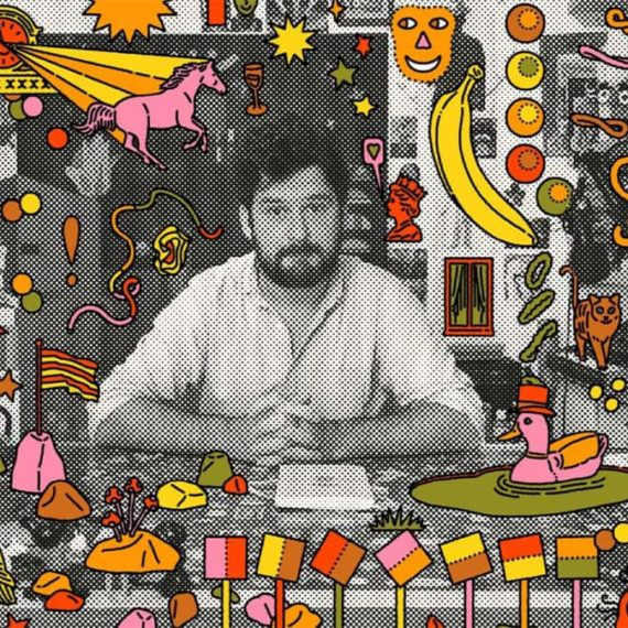 Photo illustration of Jim Stoten with drawings of horses and fruits and abstract shapes