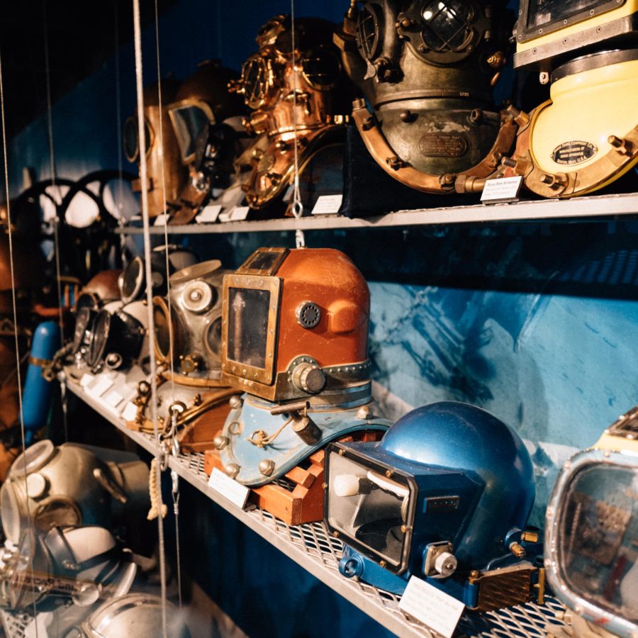 Various commercial diving helmets over the years