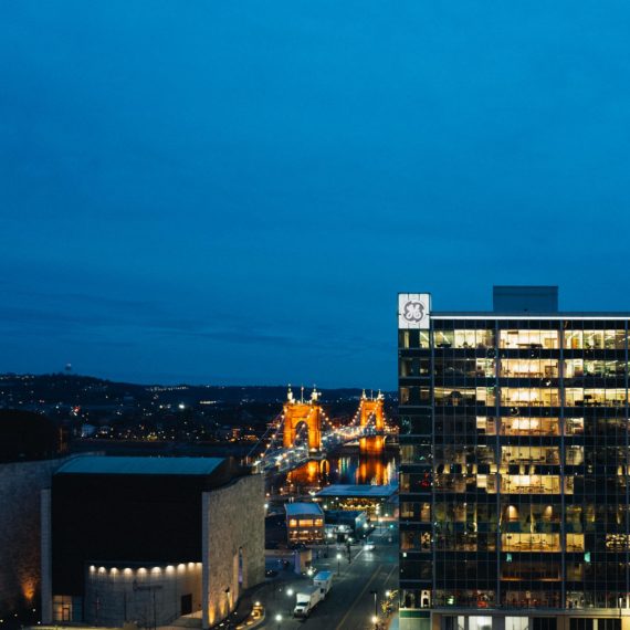 GE Building, Roebling Bridge and Ohio River at dusk