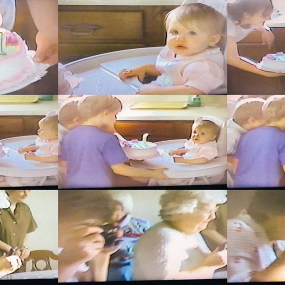 9 stills from a VHS video with a birthday celebration for a 1 year old girl