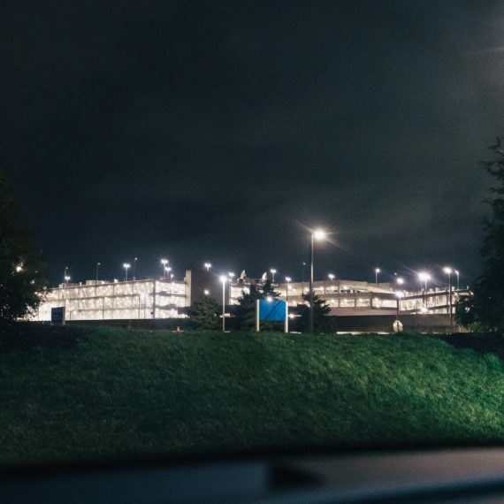 Cincinnati Northern Kentucky Airport’s new rental car terminal at night as photographed from the Cell Phone Lot