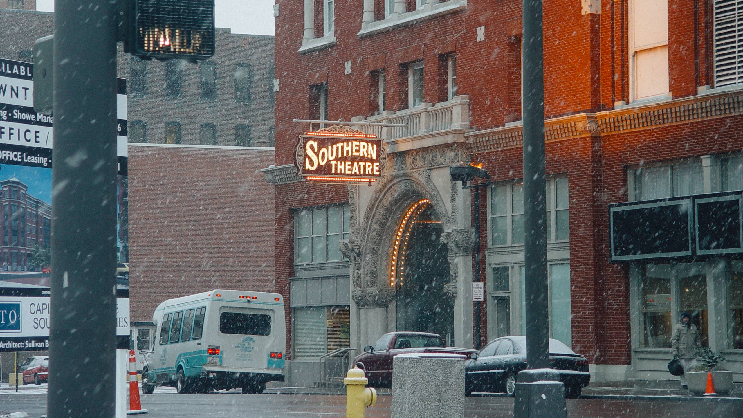 Southern Tehatre Columbus with snow