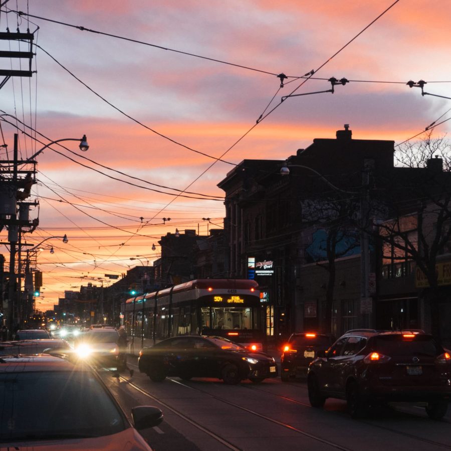 Sunset with streetcar in Toronto’s garment district