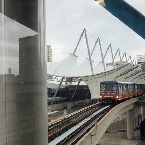 The People Mover in Detroit approaches a station