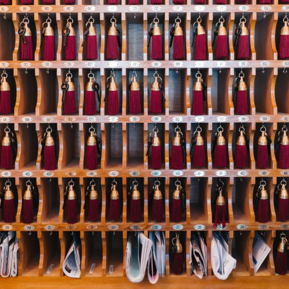 Keys behind the front desk of The Hotel Chelsea