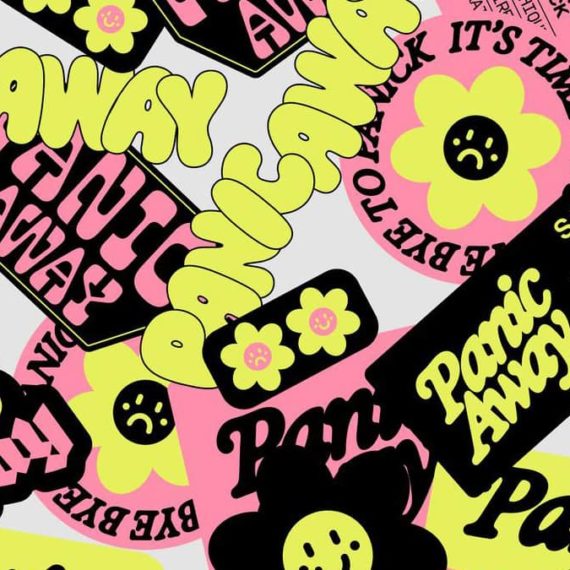 Panic stickers with Pink, Yellow and Black designs of flowers and type