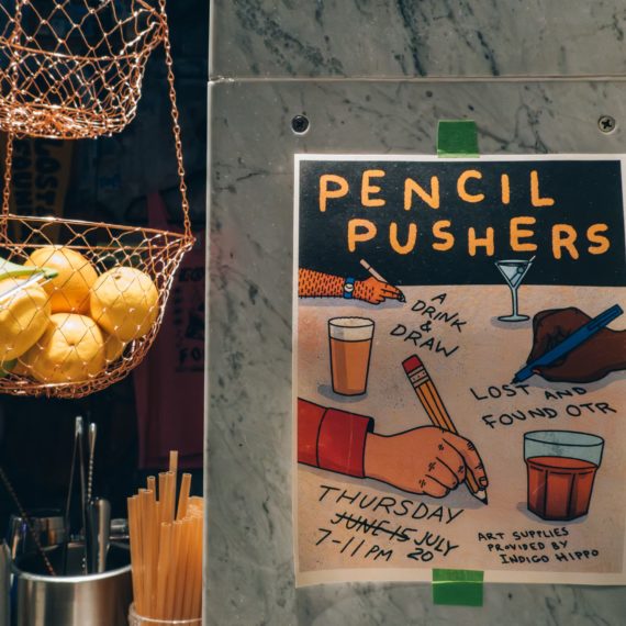 Flyer for Pencil Pushers, a monthly group that gets together to drink and draw