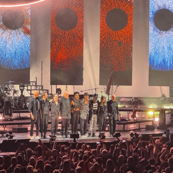 Peter Gabriel and touring band for i/o take a bow after performing in Columbus, Ohio