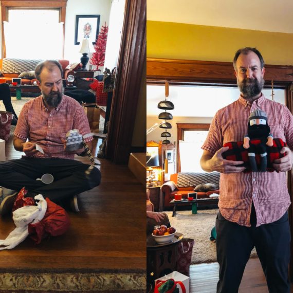 Diptych of man opening Christmas and birthday gifts in front of his mom